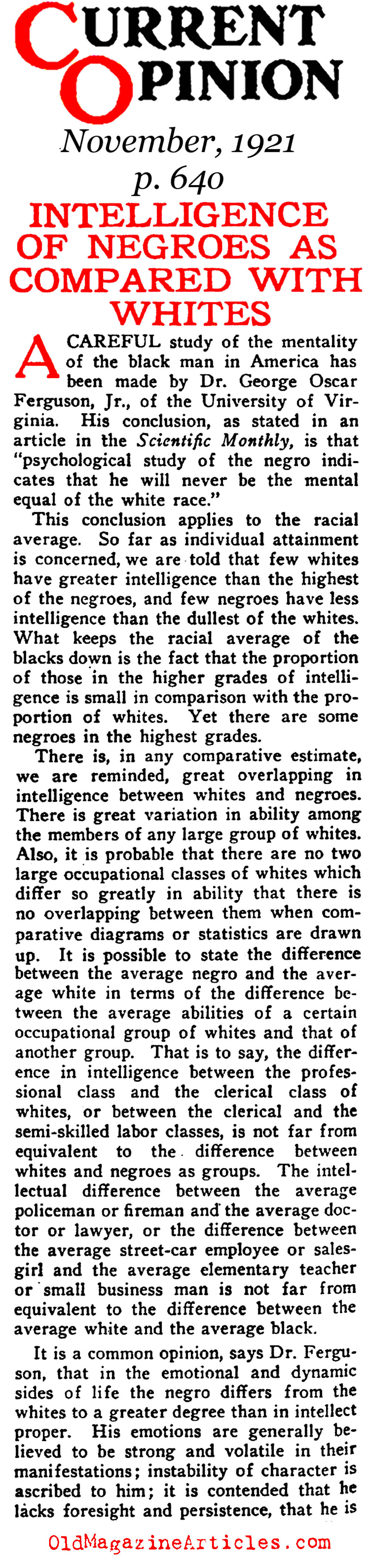 Bogus Science and the Intelligence of African-Americans (Current Opinion, 1921)